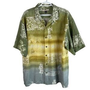 Tommy Bahama Mens 100% Silk Hawaiian Shirt L Colorful Tiki Floral Wooden Buttons